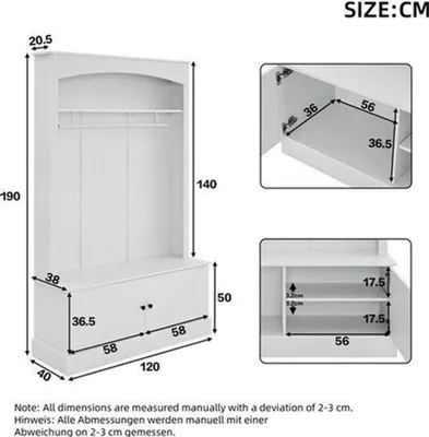 Zdjęcie produktu dla Wolnostojąca szafa na ubrania, biała, wykonana z płyty wiórowej - z drążkiem na wieszaki i półką na buty - wysokość 190 cm - szerokość 120 cm - drewno - organizer do przedpokoju