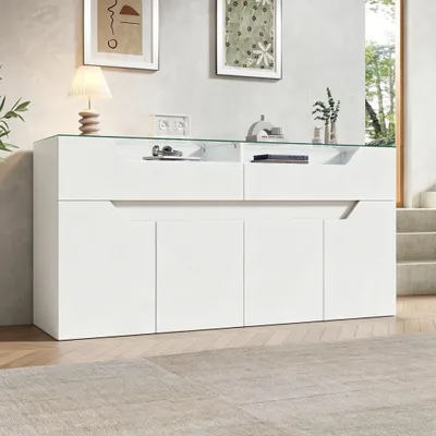 Image de Commode Merax avec plateau en verre, meuble de rangement à 2 tiroirs, meuble de salon en MDF aspect bois, capacité de charge de 30 kg, blanc