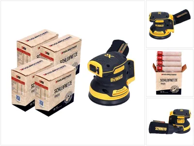Immagine prodotto di Levigatrice rotorbitale a batteria DeWalt DCW 210 N 18 V 125 mm brushless solo + 4x set abrasivi di rete Toolbrothers SPIDER