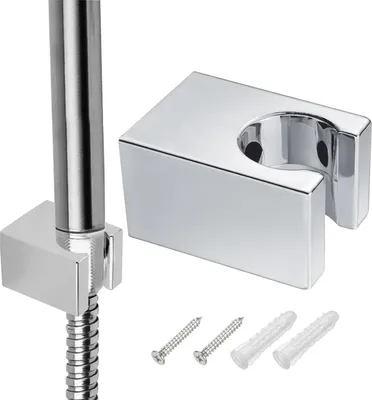 A chrome-finished shower head holder and its mounting hardware are displayed against a white background.