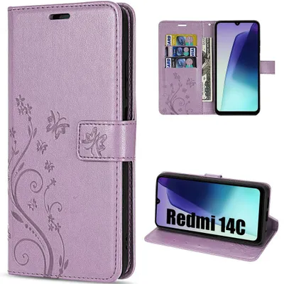 Image de Coque pour Xiaomi Redmi 14C, Protection Rabat Cuir Synthétique Antichoc Violet Motif Papillon