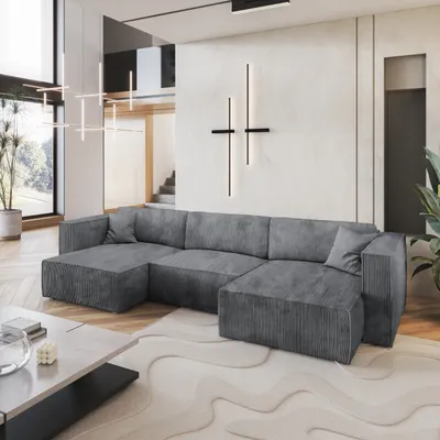 A modern living room with a large sectional sofa.