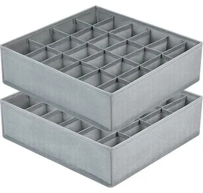 Produktbild von 2 Stück Aufbewahrungsboxen für Socken und Unterwäsche, 24 Zellen Faltbare Boxen (Faltbox, Drawer Dividers, Schubladen Organizer Stoffboxen zum Aufbewahren von Socken（Grau）
