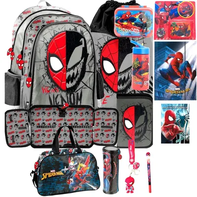 Image de Ensemble de sac à dos pour l'école Spider-Man (13 pièces) : sac à dos, cartable, trousse, sac de sport. Sac à dos Spider-Man pour garçons