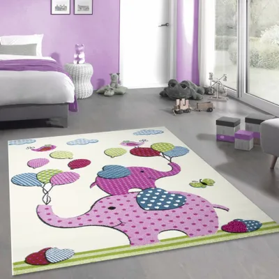 Image de Adorable tapis pour enfants |éléphants & ballons | en crème Taille - 120 x 170 cm