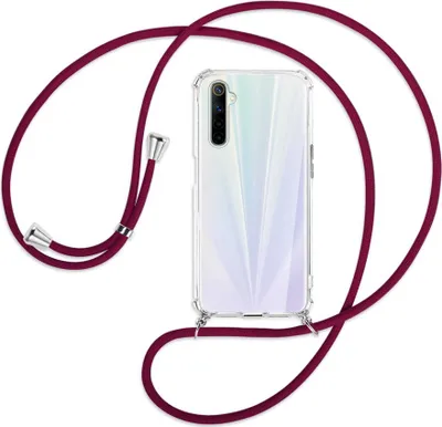 Produktbild von Handykette Backcover-Schutzhülle mit Band (Metall silberfarben) für Realme 6 / 6S - dunkelrot