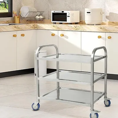 Produktbild von Servierwagen mit Rollen, 3 Regale, Servierwagen mit Rollen, 95 x 55 x 95 cm, silberfarben, Edelstahl, verchromt