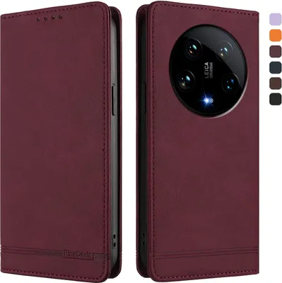 Image de Etui pour Xiaomi 14 Ultra, étui rétro en cuirPolyuréthaneavec support et fentes pour cartes Rouge