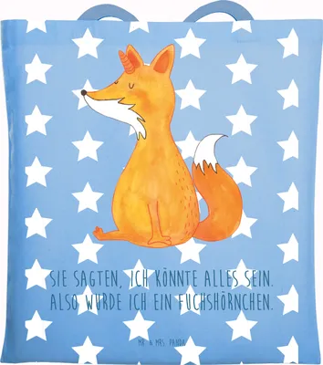 Produktbild von Mr. & Mrs. Panda Shopping Tasche Einhorn Fuchs - Sky Blue - Geschenk, Jutetasche, Schultasche, Tote Bag, Füchse, Unicorn, Einhörner, Fuchshörnchen, Baumwolltasche, Beutel