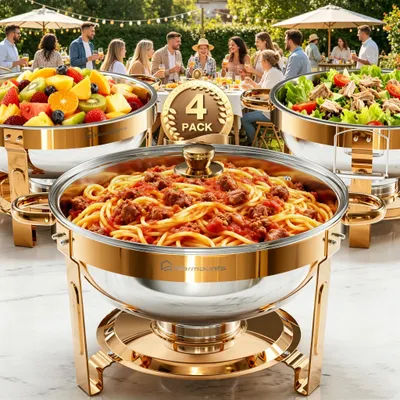 Produktbild von WARMOUNTS 4er Set Chafing Dish Buffetwärmer 5QT Edelstahl Rund Roségold mit Glasdeckel & Deckelhalter Stapelbar für Catering & Events