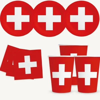 Produktbild von Schweiz Partyset, 16 Pappteller 23 cm, 16 Pappbecher 210 ml, 20 Servietten 33 x 33 cm