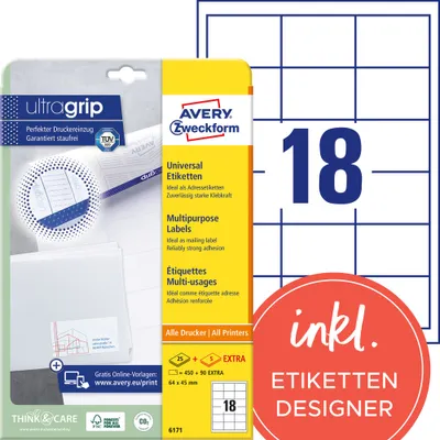 Produktbild von Avery Zweckform 6171 Universal-Etiketten, A4 mit ultragrip,  Adressaufkleber 64 x 45 mm, weiß