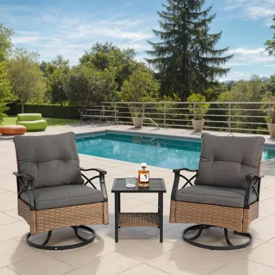 Image de Ensemble de mobilier de jardin 3 pièces : balancelle pivotante avec table, fauteuil de détente en rotin PE résistant aux intempéries avec coussin, charge maximale 158 kg, marron et gris