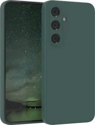 A dark green phone case is shown diagonally with the screen visible on the left.