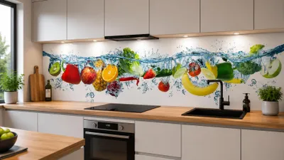 Productafbeelding van Ruimteverdelerscherm voor de keuken, fruitmotief, 3 mm aluminium composietpaneel als spatbescherming, waterdicht, inclusief UV-coating, matte afwerking, lotus effect, afmetingen 220 x 60 cm