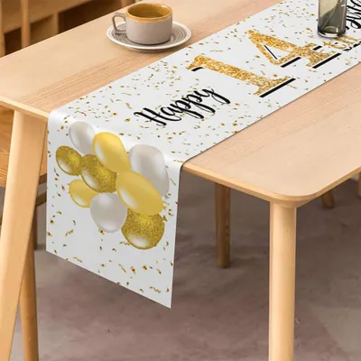 Tafelloper 14. Geburtstag, Weiß-Gold, 183 x 33 cm