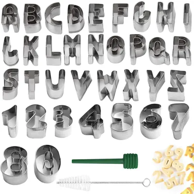 Produktbild von Buchstaben Ausstecher 35 Stück Edelstahl mit Zahlen und Reinigungsbürste