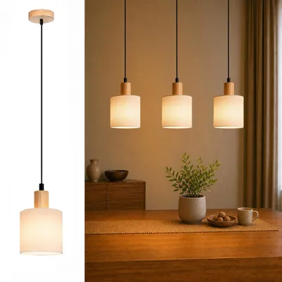 Produktbild von ZMH Pendelleuchte Holz Weiß Esstischlampe Vintage 1 Flammig Hängeleuchte E14 Hängelampe mit Stoffschirm für Wohnzimmer Restaurant Schlafzimmer Küche