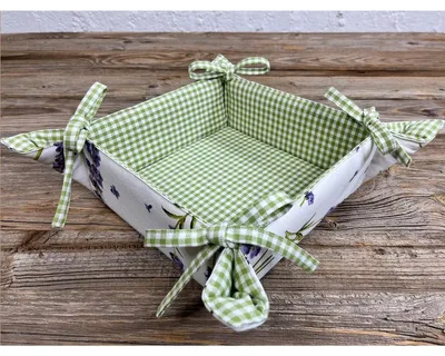 Image de Corbeille à pain en tissu LAVINA Blanc Vert, carreaux de lavande, en 20x20 cm