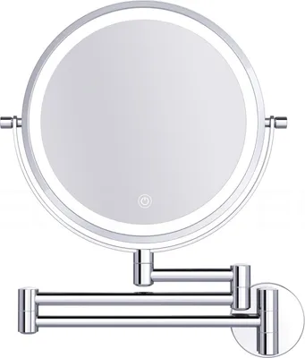 A wall-mounted makeup mirror with LED lighting and an extendable arm.