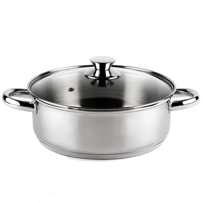 A stainless steel pot with a glass lid and handles, shown from the front on a white background.