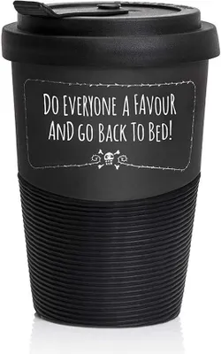 Produktbild von Pechkeks Misfortune Cookies Kaffee Thermobecher to go Porzellan mit Deckel, Spruch "GO BACK TO BED", Größe 300ml, matt schwarz