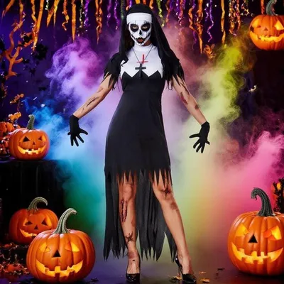 Engelartige Nonne Kostüm für Erwachsene - Gruselige Halloween Outfit mit Vampir Thema für Partys und Verkleidungen