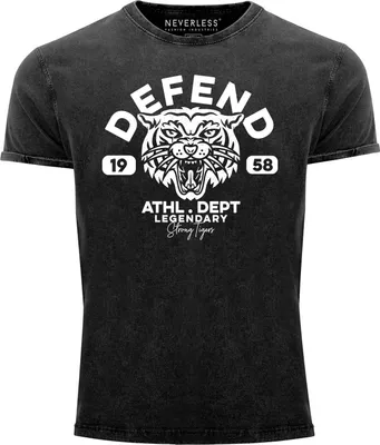 Produktbild von Herren Vintage Shirt Tiger Print Schriftzug Athletic Legendary T-Shirt Aufdruck Used Look Slim Fit Neverless® schwarz XXL