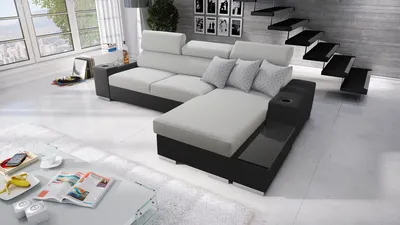 Produktbild von Ecksofa mit Schlaffunktion Eckcouch PERS I MAXI Sofa (Grau SAWANA 84 + schwarzes Kunstleder,  Rechts)