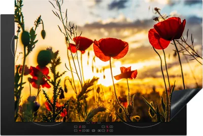 Produktbild von KitchenYeah© Herdabdeckplatte Rote Mohnblumen bei Sonnenaufgang , 81x52cm, Küche Deko, Glaskeramikkochfeld Herdabdeckung, Abdeckplatte fùr Kochfeld
