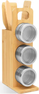 Immagine prodotto di Portaspezie magnetico in bambù con utensili da cucina - Barattoli per spezie con coperchi per spolverare - Portaspezie