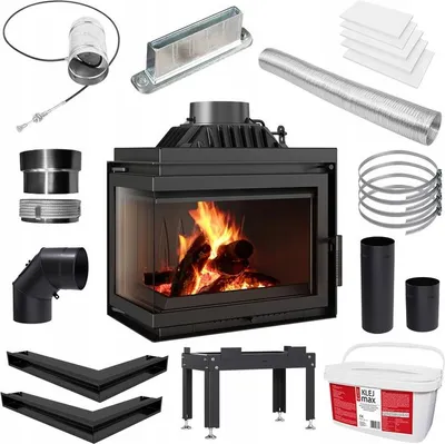 A collection of fireplace insert components and accessories laid out on a white background.