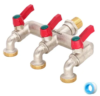 Produktbild von Dreiwege-Wasserhahn-Verteiler – Messing mit 3/4-Zoll-Ausgängen