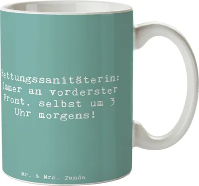 Produktbild von Mr. & Mrs. Panda Tasse mit Spruch Spruch Rettungssanitäterin Mut - Meeresbrise - Geschenk, immer an vorderster Front, Kaffeetasse, Berufsgestaltung, Pott, Geschenke Herz