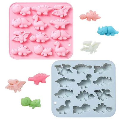 Immagine prodotto di Stampo in silicone a forma di dinosauro per cioccolato, confezione da 2 pezzi. Dimensioni: 16,6 x 14,7 x 1,8 cm