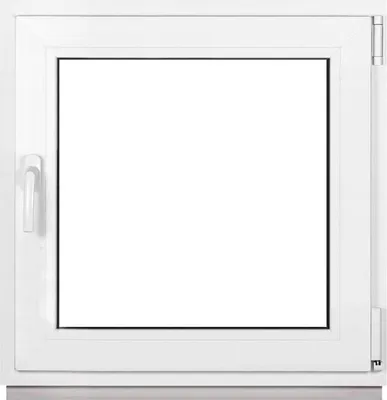 A white framed window with a clear glass pane, set against a white background.
