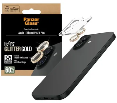 Immagine prodotto di Vetro temperato per iPhone 17 / 16 Plus / 16, PanzerGlass Hoops Glitter Gold Camera Lens Protector, trasparente e oro