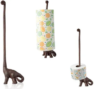 Image de Porte-rouleaux de papier autonome Ibzoa®, en fonte, design dinosaure, finition rouille antique, dimensions 40,6 x 11,2 x 8,3 cm, pour 1 rouleau de cuisine ou 2-3 rouleaux de papier toilette, idéal pour la cuisine ou la salle de bain