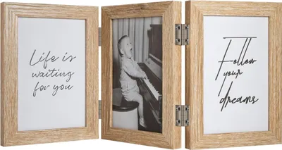 A triple photo frame with a child playing a piano in the center frame and inspirational quotes in the side frames.