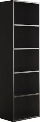 A black bookshelf with silver trim is shown against a white background.
