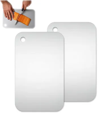 Productafbeelding van Snijplank, 2-delig, van roestvrij staal, 25 x 15 cm, dubbelzijdig, geschikt voor voedselcontact, gemaakt van roestvrij staal 304, voor vlees, brood en groenten
