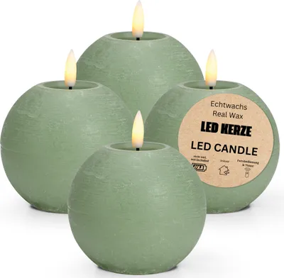 Produktbild von LED Kerze Kugeln 4er Set Wachs, Flackernde Flamme, Ø 10x9, Salbei
