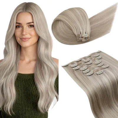 Obrázek produktu pro Clip-in prodlužovací vlasy, přírodní vlasy, délka 60 cm, hmotnost 135 g, barva: blond s melírem, odstín: popelavý blond, 7 kusů, barva #18/613