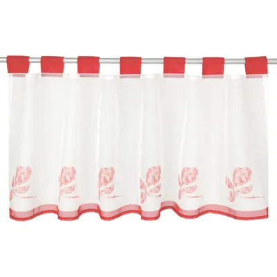 A white kitchen curtain with red tabs and a red border, decorated with pink rose motifs.