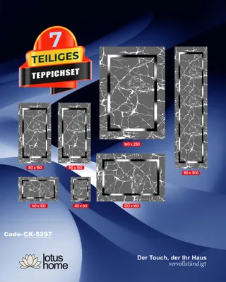 A collage of different sized rugs with a marble pattern and a silver border, presented against a dark blue and light gray abstract background. A promotional banner at the top indicates a 7-piece rug set.