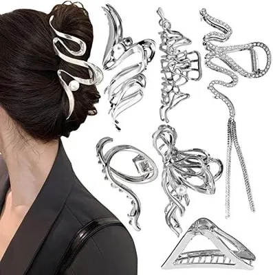 Produktbild von 6 große silberne Haarklammern aus Metall, rutschfeste Haarspangen für Damen mit langem, lockigem, dickem oder dünnem Haar
