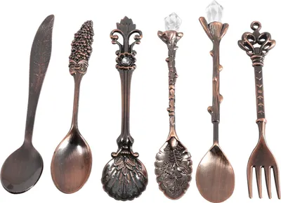 Produktbild von 6-teiliges Set Vintage Mini-Kaffeelöffel und -gabeln aus Metall, Küchengeschirr-Accessoires, Rotmessing