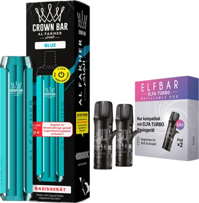 Immagine prodotto di Kit Al Fakher Crown Bar 600 Pod blu – Mod da 500 mAh con 2 pod vuoti da 0,8 ohm inclusi, USB-C, sistema a pod da 2 ml, DTL e MTL, ricaricabile, liquido non incluso