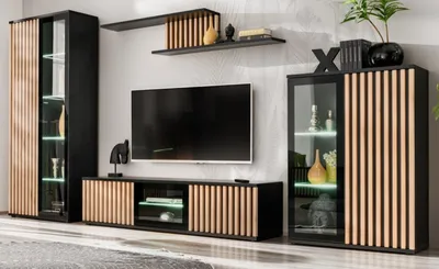 Produktbild von Wohnwand "Morgan" in schwarz und Jackson Eiche Schrankwand mit 3D-Lamellen inkl. LED