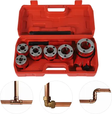 Image de Jeu de tarauds à cliquet - 62C - 6 têtes de coupe 0,64–3,18 cm - Filetage conique BSPT - Manuel - Pour acier/cuivre/PPR - Mallette - Rouge